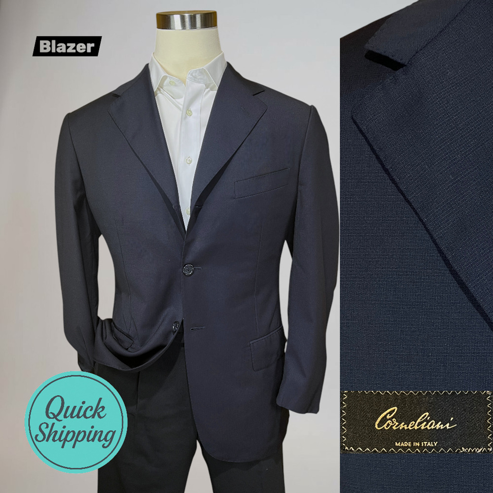 Corneliani 40R Midnight Navy Blue Blazer Ghost Plaid 3/2 Roll Italy Designer